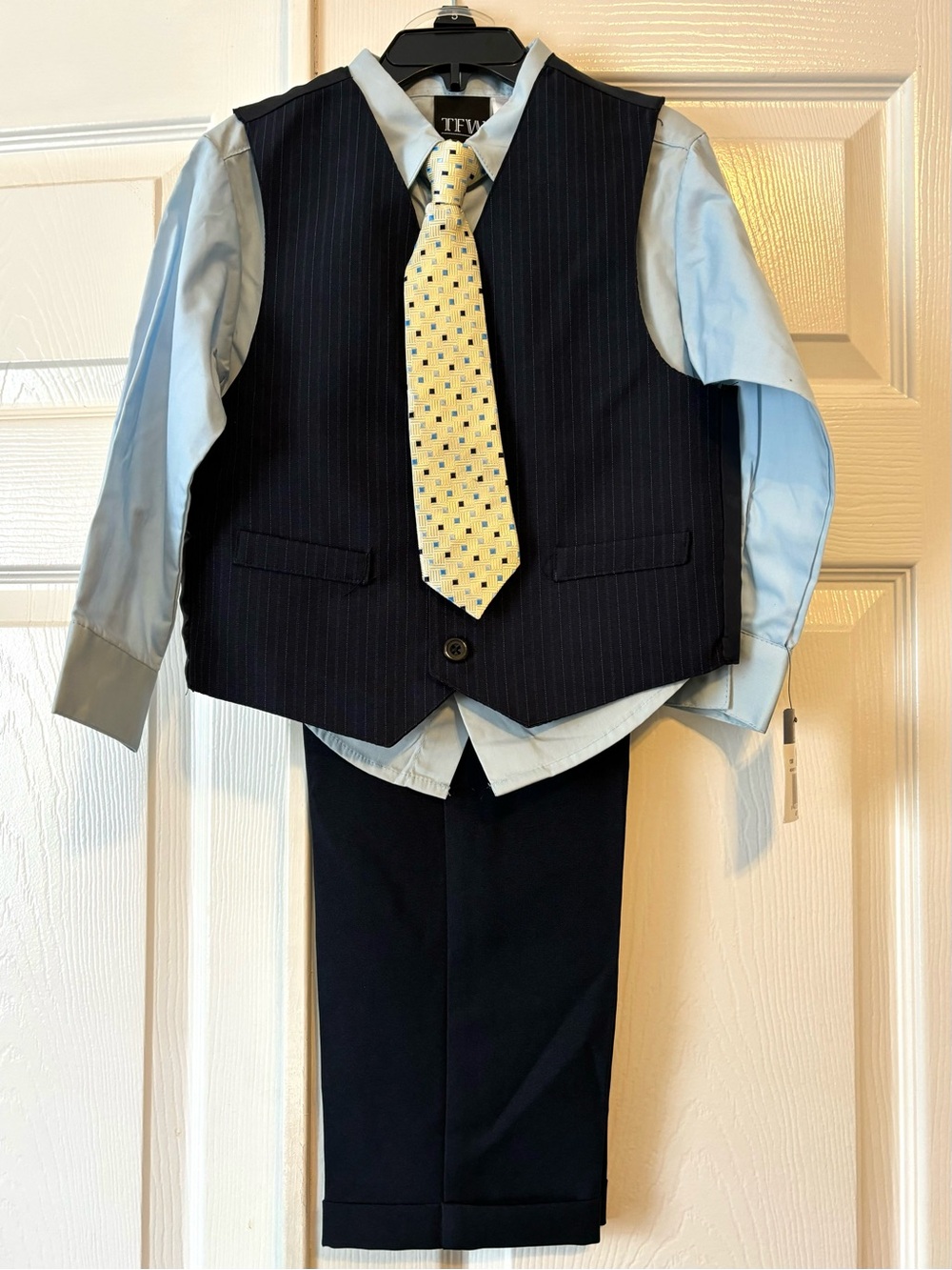 ✨New✨Boys 4 Pc Navy Pinstripe Vest Suit Set with Light Blue Shirt and Yellow Tie